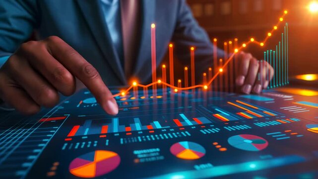 Businessman working with new modern computer show business graph and market investment. Men analyzing data for success, teamwork and planning in office.