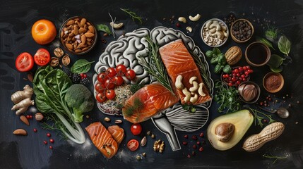 Chalk hand drawn brain picture with assorted food, food for brain health and good memory: fresh...