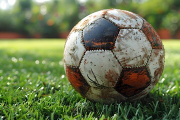 Close-Up of a Worn Soccer Ball on Grass Field for Sports-Themed Design and Poster