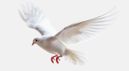 Fototapeta premium A white dove flying, set against a plain background, evoking a tranquil atmosphere.