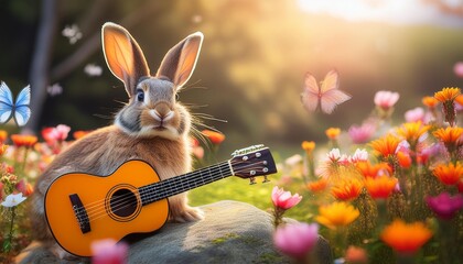 "Melodies in the Meadow: A Rabbit's Joyful Guitar Serenade"