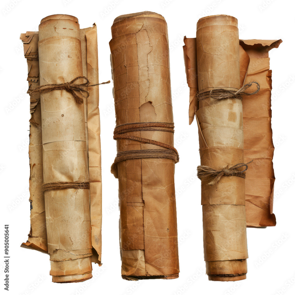 Poster three old paper scrolls tied with rope showing aging and the passage of time