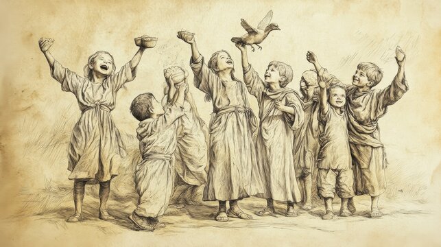 Children Excitedly Collecting Manna, Holding It Up to Show Parents, Joy on Faces - Biblical Illustration, Bible Wall Art, Beige Background - Exodus Manna and Quail