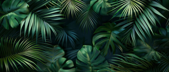 3D abstract background with palm leaves and shadows on silk fabric, showcasing tropical jungle foliage in dark colors.