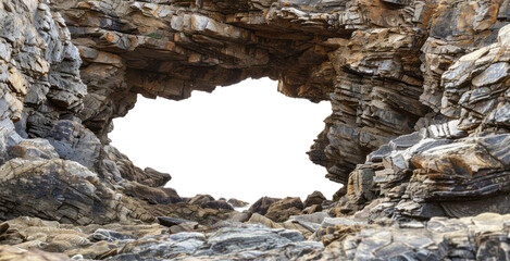 A dark hole in a rock frame with a transparent background, providing an empty space around the edges.