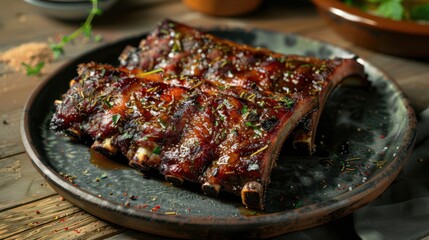 Double-cut lamb ribs on a ceramic plate. Mint ground and honey crust, an unusual background in a rustic style. Rustic. homemade food