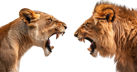 A close-up of angry male and female lions roaring at each other, isolated on a transparent background with a clipping path in a full-body portrait view.