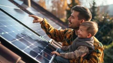 Father carrying son outdoors and pointing on solar panel on the roof