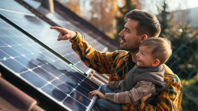 Father carrying son outdoors and pointing on solar panel on the roof