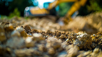 Naklejka premium A close-up of an excavator in the background digging into dirt at a construction site, with a bokeh effect and shallow depth of field.