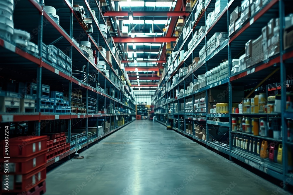 Wall mural Efficiently arranged auto parts inventory in a vast warehouse with orderly rows of shelves