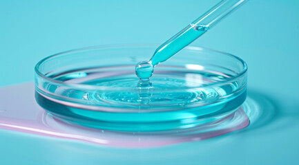 A glass pipette filled with light blue liquid over an open petri dish on a pastel background, in a close-up shot with the dropper and drop in focus.