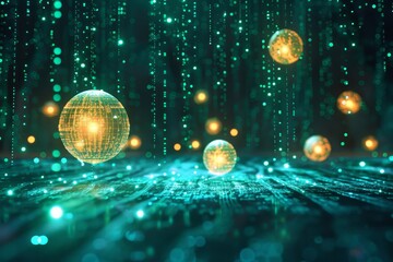 Gold balls scattered across a computer screen with binary code background, Glowing orbs of light floating in a sea of binary code