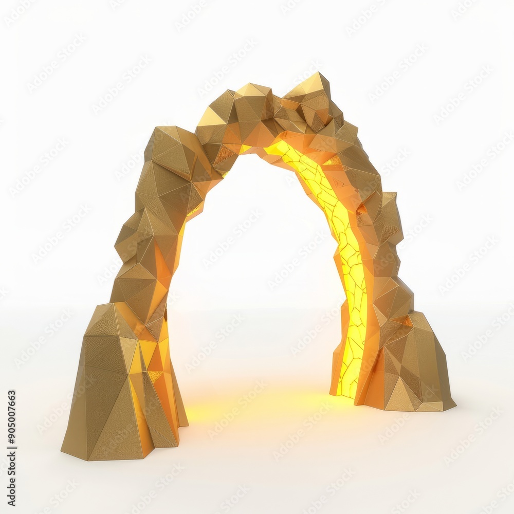 Poster 3D Render, Low Poly style of golden light magic portal, on isolated white background, Generative AI