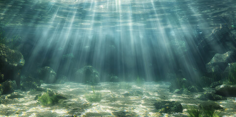 Fototapeta premium Underwater background with sunlight shining through the water surface, creating a tranquil and beautiful atmosphere.