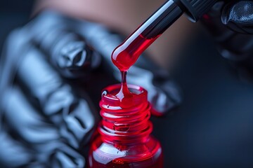 Naklejka premium Scientist Handling Red Liquid Sample with Dropper in Laboratory for Analysis and Experimentation.