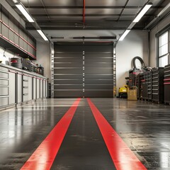 Organized garage with tool cabinets, red stripe floor, and large door for storage and maintenance