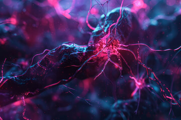 3D depiction of brain cells and neurons glowing against a background, creating a cinematic effect.