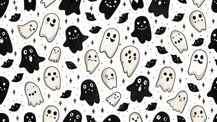 Seamless pattern of ghosts doodle black on a white background. For textiles, packaging, holiday decoration. Good for prints, wrapping paper, scrapbooking, stationery, packaging, wallpaper,