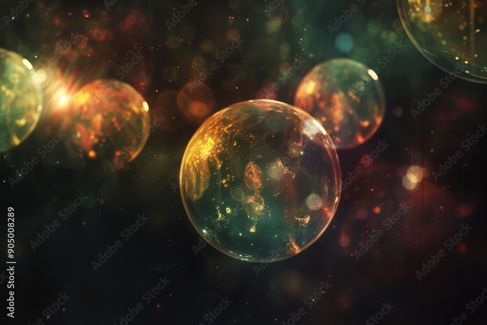 Poster glowing soap bubbles float against a dark background, creating a mesmerizing visual effect, glowing 