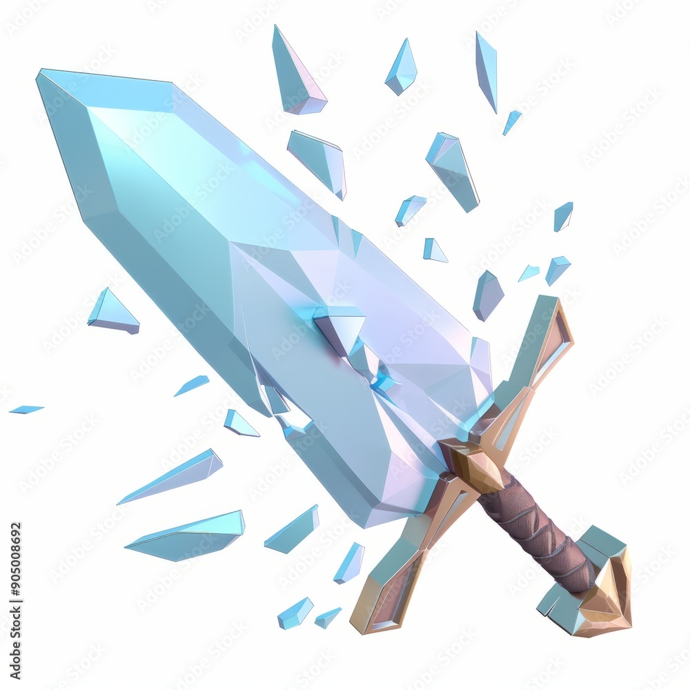 Wall mural 3d render, low poly style of shattered sword, on isolated white background, generative ai