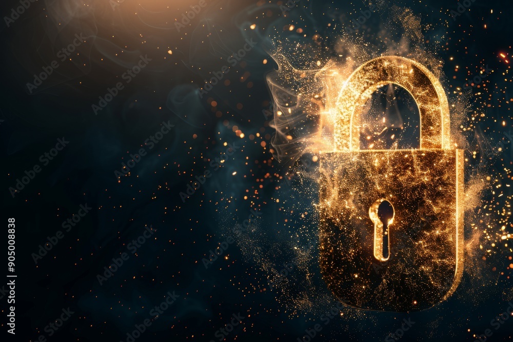 Poster golden digital lock bursting with particles, representing unbreakable security and data protection.