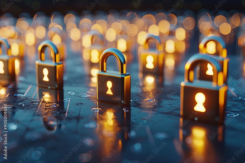 Poster vibrant blue digital locks aligning on a circuit, depicting interconnected security and data integri