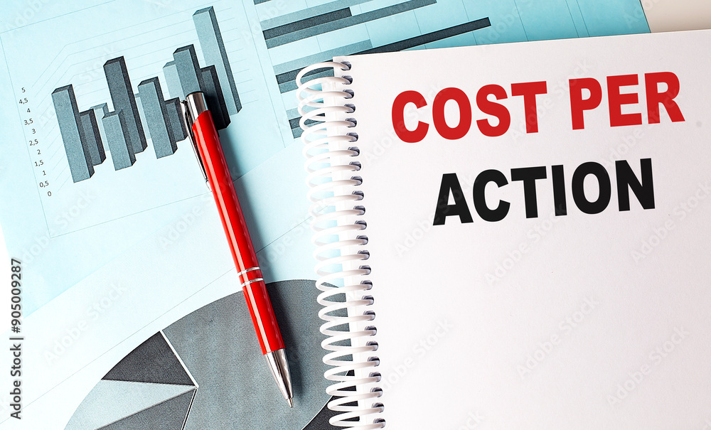 Poster cost per action text on notebook on chart background