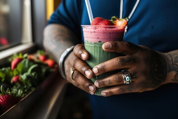 Close-up of tattooed hands holding a strawberry and green smoothie