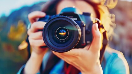 Photographer with camera. Closeup female hands holding and taking pictures. Young woman professional lens, examining display. Hobby, technology, creativity. Person carrying modern