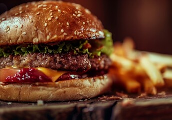 Close up shot of a delicious and appetizing cheeseburger with fries alongside it, clean focus, professional food photography
