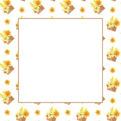 Hand drawn frame yellow flowers on white background.
