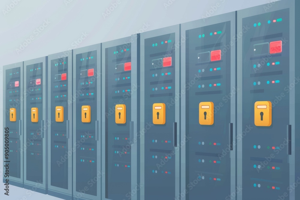 Poster secure data center locks, portraying strong physical and digital security measures in server storage