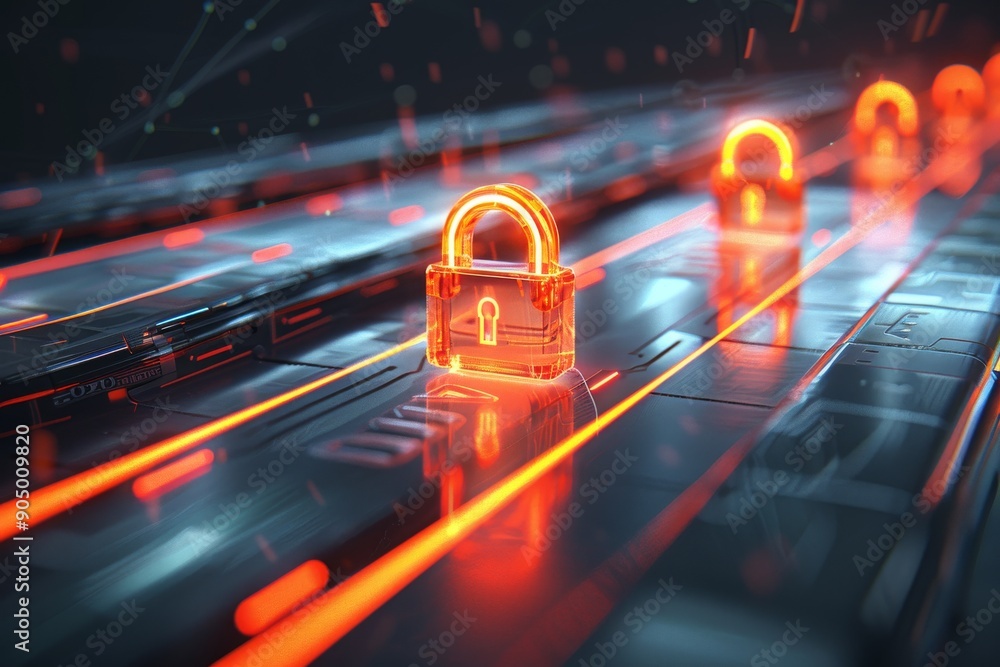 Poster red digital lock speeding on a circuit track, emphasizing rapid data protection and cybersecurity me