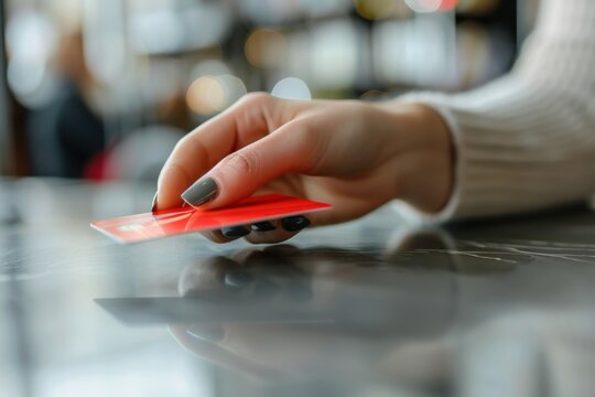 Hand holding red credit card while paying at a modern cafe table