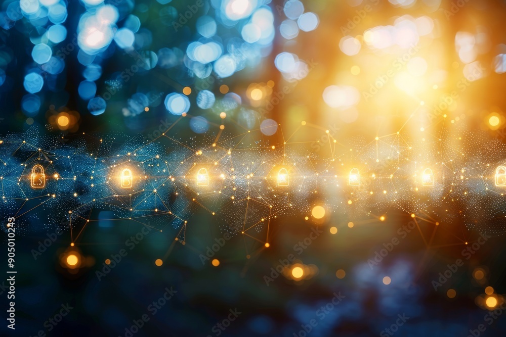 Poster golden lights and digital locks, symbolizing secure network connections in a dynamic digital environ