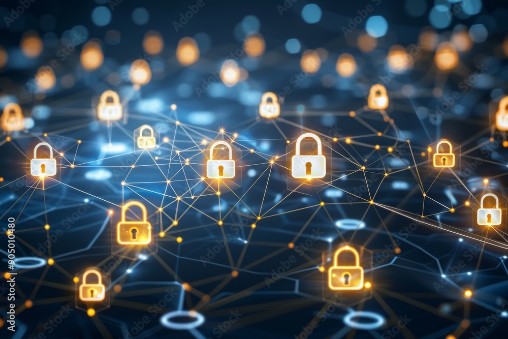 Poster network of glowing digital locks, representing a complex web of cybersecurity protecting vital data.