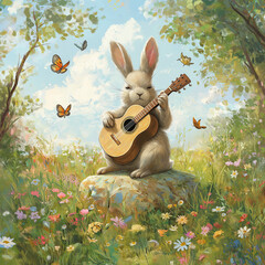 "Melodies in the Meadow: A Rabbit's Joyful Guitar Serenade"