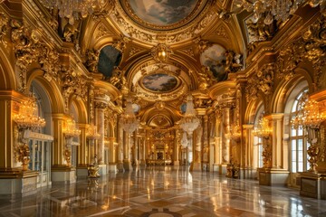 Obraz premium Ornate hall with mirrored walls and golden accents at the Palace of Versailles, Golden accents and ornate decorations in a regal ballroom