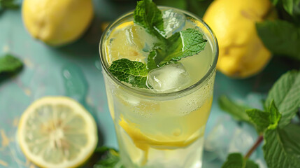 Fototapeta premium Glass of lemonade with ice and a mint garnish