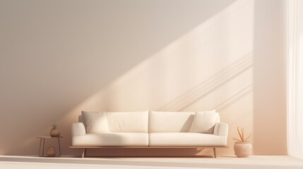 Modern minimalistic living room interior with peach color sofa and empty wall. Neural network ai generated art