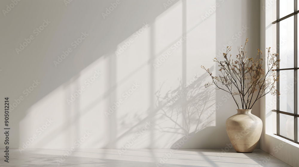 Poster Empty room with vase and window casting shadows in sunlight