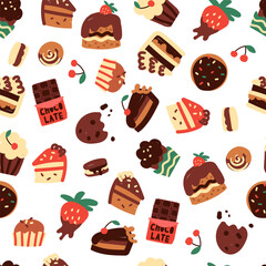 seamless pattern covered cakes, candy, fruit. Template for Notebook covers, pattern for wallpapers, textile or for cafe, bakery. hand-drawn vector elements. Cute sweet food. World chocolate day