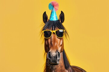 Pferd mit Partyhut und Sonnenbrille vor gelbem Hintergrund 