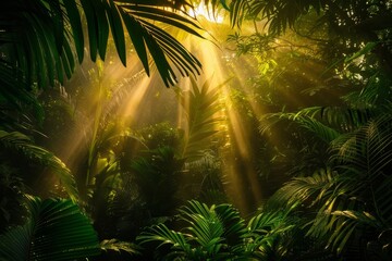 The suns golden rays shine through the dense green canopy of a tropical jungle, Golden rays illuminating a lush green jungle