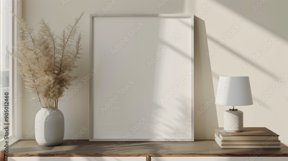 Poster sunlit minimalist interior design with an empty frame mockup, ideal for displaying your artwork or d