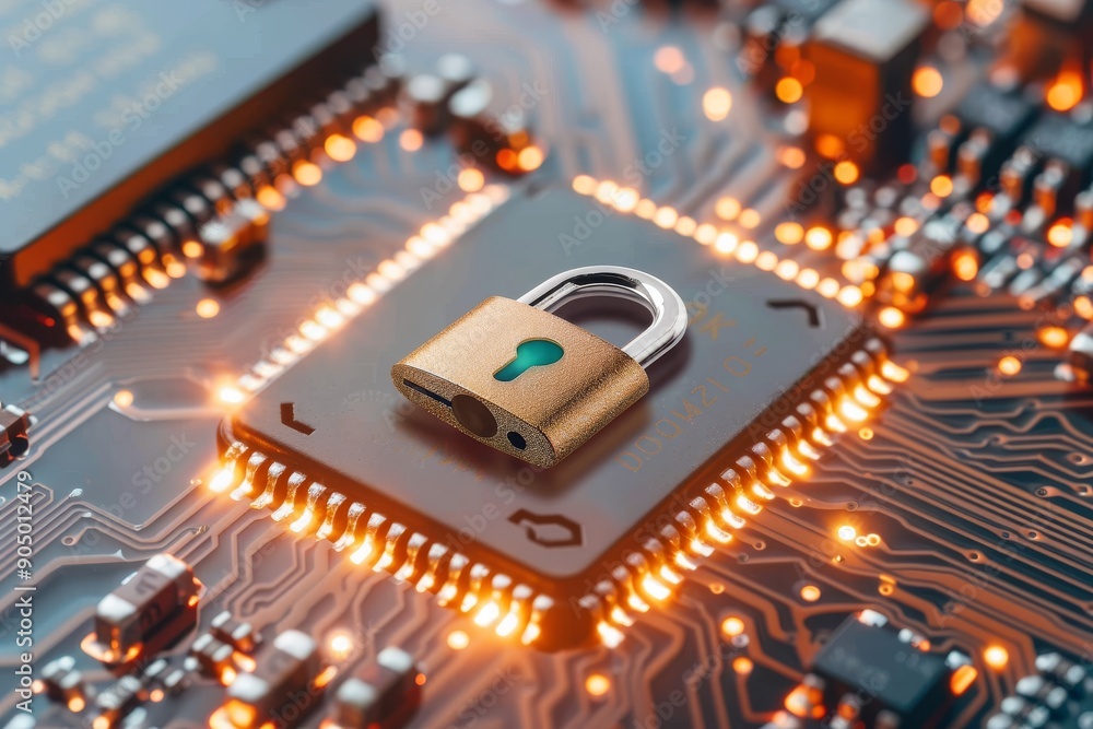 Aufkleber macro view of a microchip with a secured digital lock, showcasing precise technology in cybersecurit