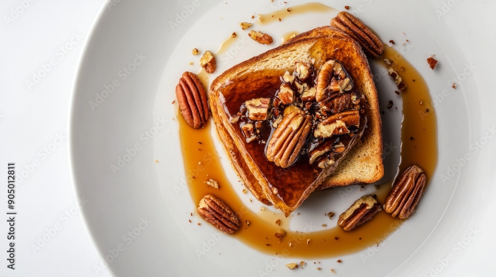 Poster a gourmet plate of honey toast with caramel sauce and pecans, shot from a top-down perspective on a 