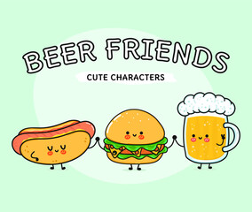 Cute, funny happy glass of beer, hot dog and hamburger . Vector hand drawn cartoon kawaii characters, illustration icon. Funny cartoon glass of beer hot dog and hamburger mascot friends concept