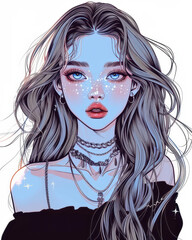 Fototapeta premium A whimsical cartoon girl bursts with charm, showcasing her striking blue eyes and long, sparkly hair in pop art style.